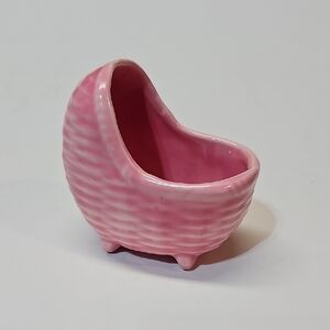 Vintage Pink Ceramic Miniature Baby Bassinet Cradle Planter w/ Woven Texture